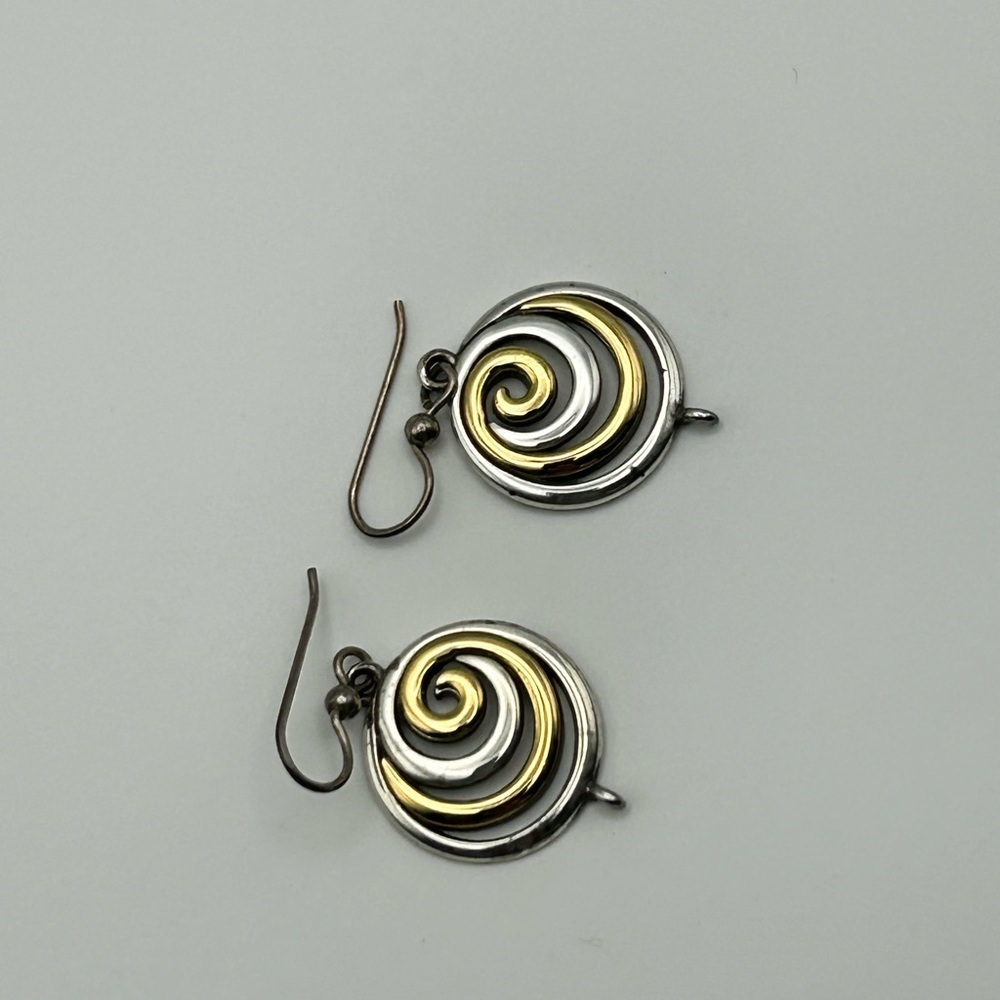 Two-Tone Spiral Earrings Gold Silver Plated 3/4"D Drop French Wire - Picture 5 of 8